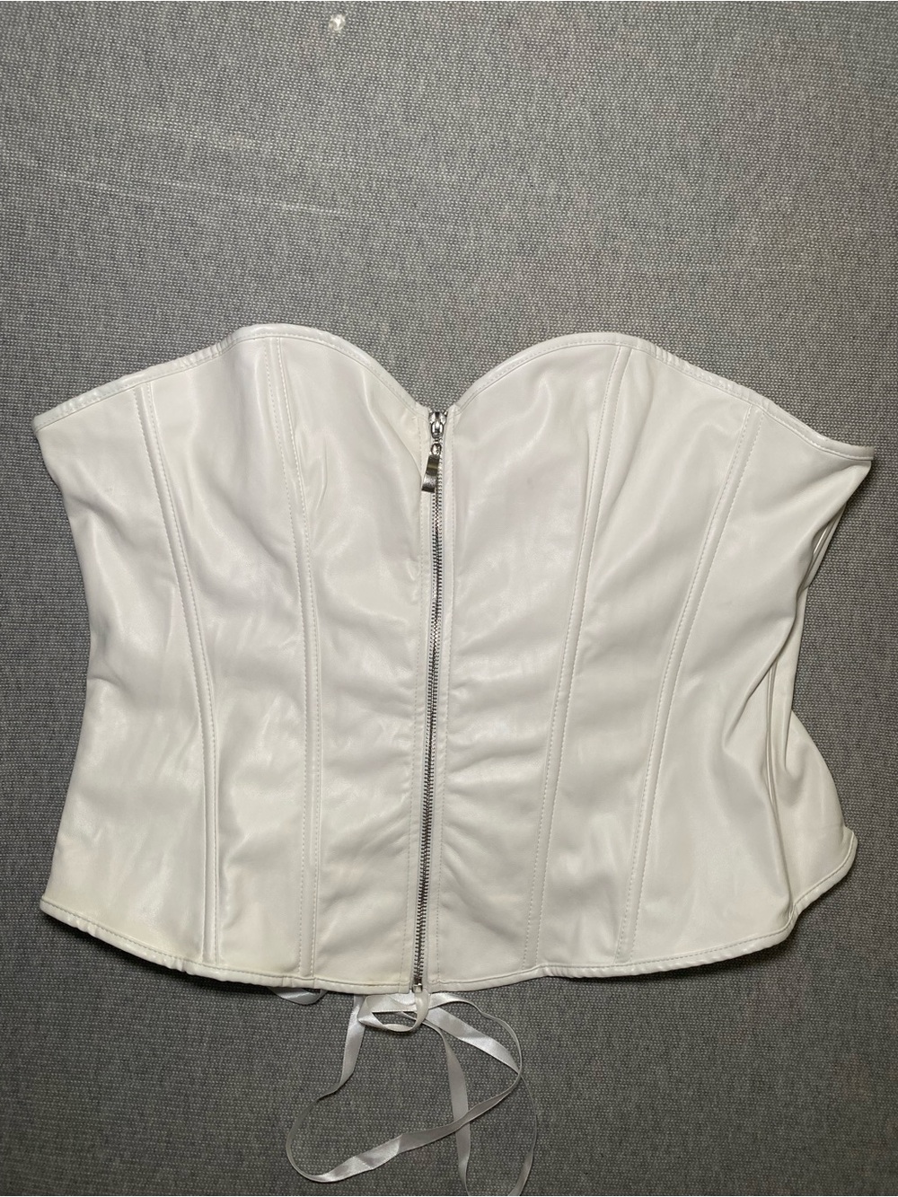White Faux Leather Corset Top Strapless Zipper Front Lace Up Back Bustier 6XL